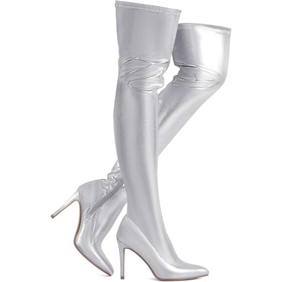 Women Silver Polyurethane Over The Knee High Stretchy Leather Thigh High Boots - Picture 1 of 5
